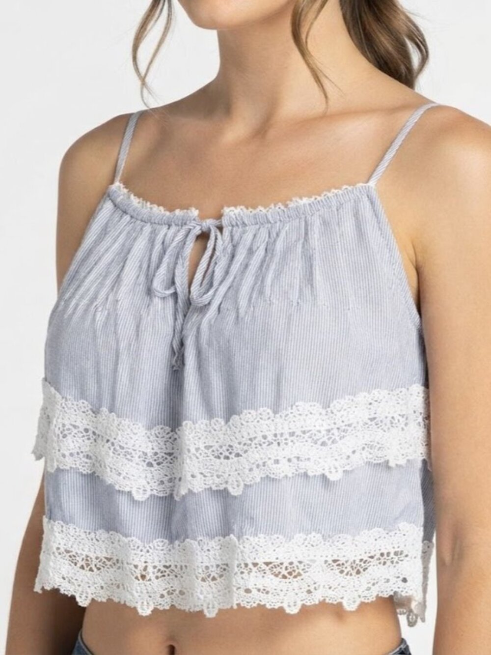 Light Blue Striped Lace-Trim Crop Top